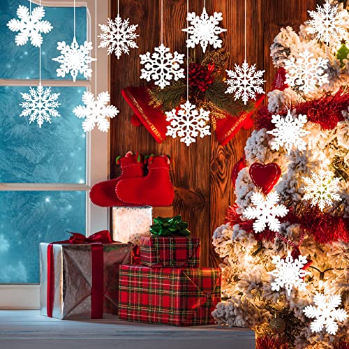 MIAHART 40 Pack Christmas White Snowflake Ornaments 4 Inch White Plastic Glitter Snowflake Ornaments for Christmas Tree Decorations Winter Wedding Xmas Party Supplies