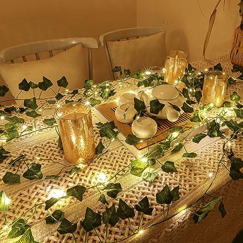 2 Pack 6.56 Ft Green Ivy Leaves Fairy String Lights Battery Operated, 40 LEDs Battery Powered Artificial Garland Plant Vine Fairy Light for Bedroom Wedding Party Holiday Patio Decor（Warm White）