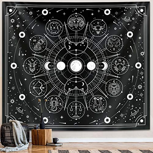 Zodiac Astrology Tapestry - Black and White Constellation Wall Hanging for Teen Girl's Bedroom, Living Room, Dorm (51x59 inches)