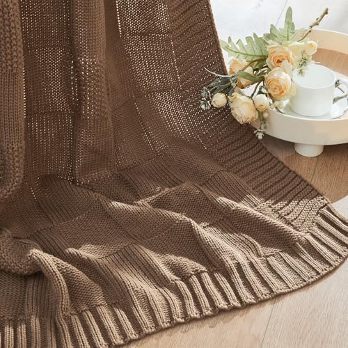 CozeCube Check Knit Throw Blanket, Light Brown Checkered Throw for Couch, Decorative Christmas Soft Cozy Warm Knitted Blanket for Bed Sofa Living Room, 50"X60"
