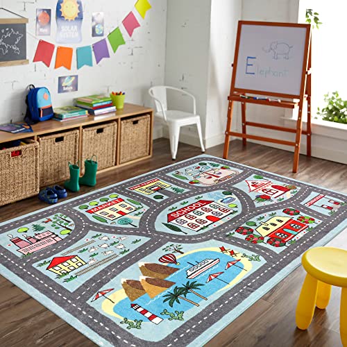 LIVEBOX Large Playroom Rug 5'x7' Kids Play Mat for Classroom, Road Traffic Carpet for Boys Girls Playing Cars Toys, City Life Nursery Car Rug for Toddlers Bedroom Kids Room