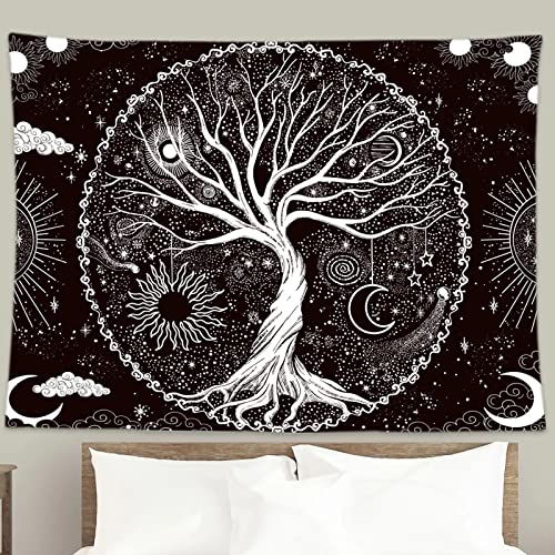 Wonrizon Tree of Life Tapestry,Black and White Galaxy Space Tapestries Aesthetic Psychedelic Wall Hanging decor for Living Room Bedroom (51.2" x 59.1")