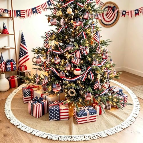 Yuboo 36" Burlap Tree Skirt with Tassel, 4th of July Farmhouse Jute Linen Spring Christmas Tree Skirt for Wedding, Birthday, Memorial, Patriotic, Farmhouse Home Decor Ornaments