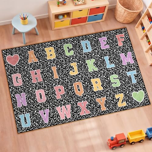 Dunzy 4.92 x 7.55 ft Classroom Rug Composition Notebook Alphabet Rug Pastel Back to School Reading Calming Corner Decor Composition Carpet for Teaching and Playroom