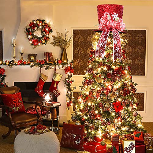 Christmas Tree Topper Hat, 2025 Red Candy Cane Bow Christmas Tree Top Toppers with 6.5ft Ribbon Light, Shiny Xmas Santa Tree Toppers Christmas Decorations for Holiday Decor