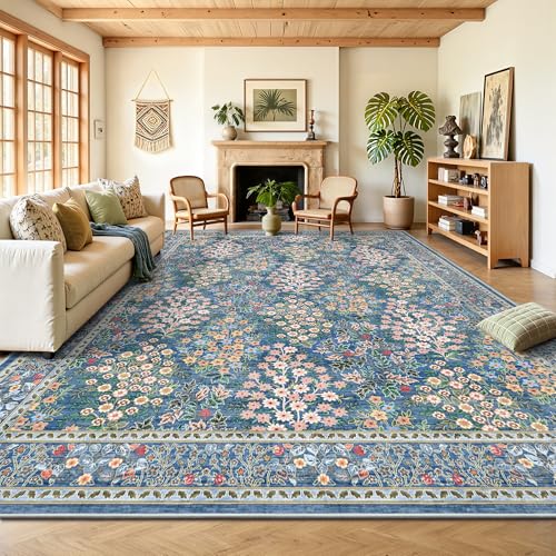 9x12 Large Area Rugs, Machine Washable Low Pile Floral Rugs for Living Room, Bedroom, Boho Style with Non-Slip Backing Nursery Rug(Blue Floral)