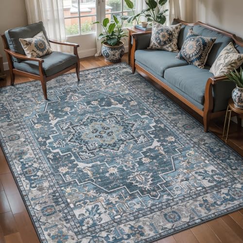 Tangsoo Vintage 4x6 Washable Area Rug for Living Room, Non Slip Rug Blue