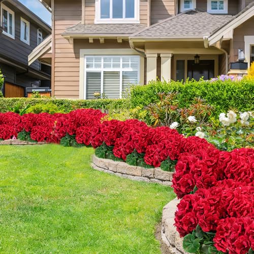6 Bunches UV Resistant Red Artificial Flowers Geraniums – Lifelike Silk Fake Flowers for Outdoors | No Fade, No Watering, Full & Bigger Heads for Garden, Patio, Balcony, Porch Decor