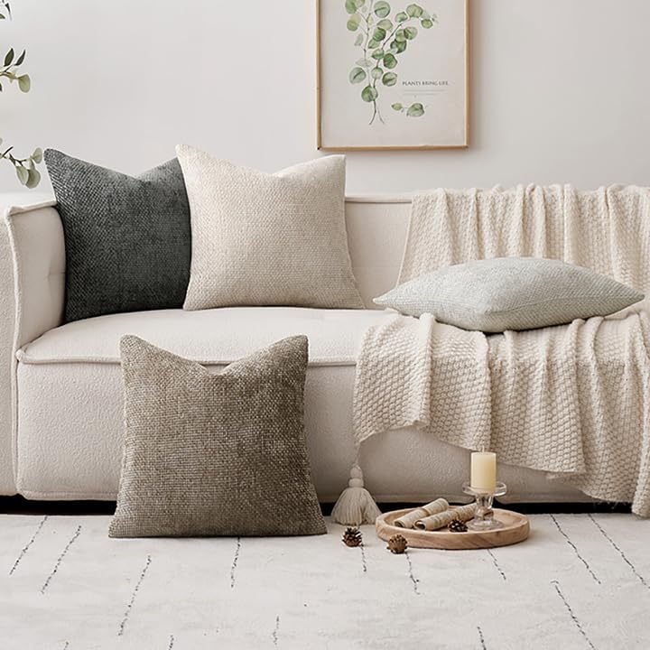 MIULEE Pack of 4 Couch Throw Pillow Covers 18x18 Inch Neutral Soft Decorative Chenille Pillow Covers Farmhouse Boho Cushion Covers for Mid Century Modern Spring Home Decor Sofa Bedroom Living Room