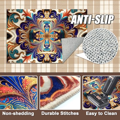 Washable Living Room Area Rug, Non-Slip Vintage Hallway Rug with Upgrade Rubber Backing, Stain Resistant Faux Wool Distressed Carpet Runner for Bedroom, Kitchen, Laundry, Entrance (79" x 59")
