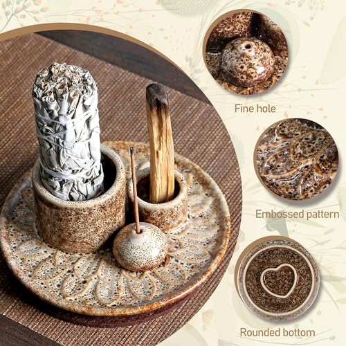 4 in 1 Ceramic Incense Burner, Sage Holder for Burning Bowl, Palo Santo Holder, Incense Holder for Sticks, Smudge Stick Holder(Brown)