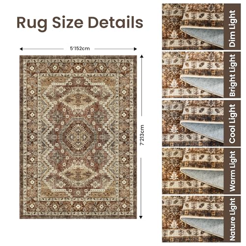 Rugland 5x7 Area Rugs for Living Room, Vintage Washable Area Rug, Rust