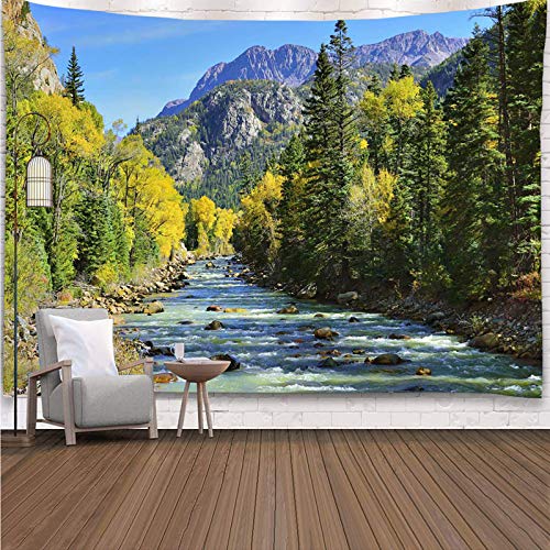 YISURE Nature Mountain Forest Tapestry, Scenic Green Pine Tree Waterfall Landscape Wall Hanging Tapestries for Home Office Dorm Indoor and Outdoor Decoration, 60(W) x40(L) Inch