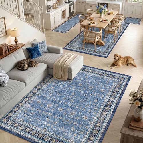 Blue Farmhouse Area Rugs 8x10, Washable Upgraded Non-Slip Living Room Rug, Vintage Distressed Floral Print Pattern Low Pile Carpet for Bedroom, Dining Room, Home Office, Kitchen, Blue Multi