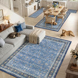 Blue Farmhouse Area Rugs 8x10, Washable Upgraded Non-Slip Living Room Rug, Vintage Distressed Floral Print Pattern Low Pile Carpet for Bedroom, Dining Room, Home Office, Kitchen, Blue Multi