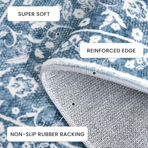 Vintage Washable 2x5 Rug, Blue and White Hallway Runner, Super Soft Non-Slip Kitchen Runner, Print Faux Wool Floral Thin Carpet for Entryway & Bedside