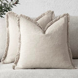 Foindtower Set of 2 Decorative Linen Fringe Throw Pillow Covers Cozy Farmhouse Boho Cushion Cover with Tassels Soft Accent Pillowcase for Couch Sofa Bed Living Room Home Decor 20×20 Inch Beige