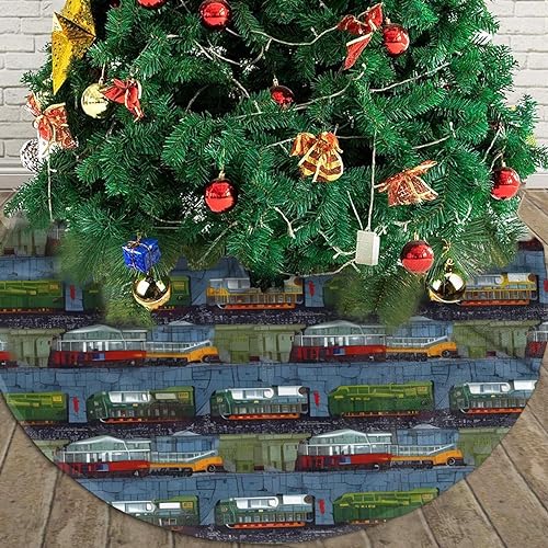 Train Cars Print Christmas Tree Skirt Plush Soft Xmas Tree Mat Christmas Decoration for New Year Holiday Xmas 30"