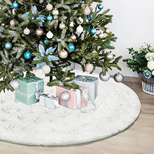 Dremisland Christmas Tree Skirt, 48 inches Large White&Silver Luxury Faux Fur Tree Skirt with Snowflakes Super Soft Thick Plush Tree Skirt for Xmas Tree Decoration (Silver, 48inch/122cm)