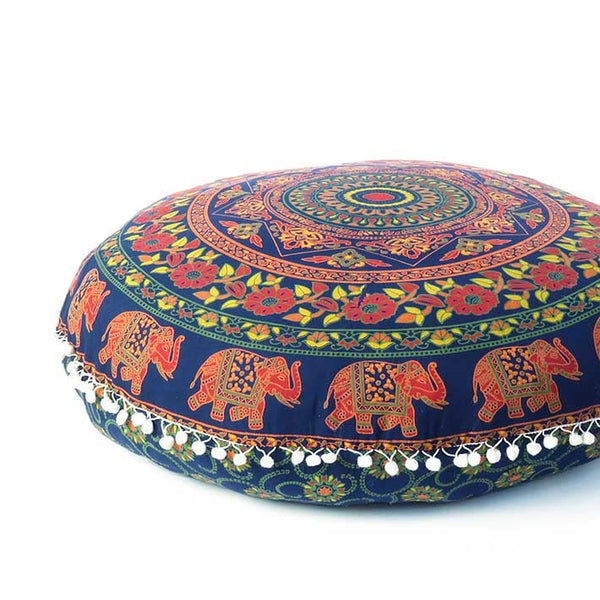 Mandala Floor Pillow Cover Meditation Cushion Seating Throw Hippie Round Colorful Decorative Bohemian Indian Pouf Ottoman Handmade Cover ONLY (M1 Dark Blue-2, 32" x 32")