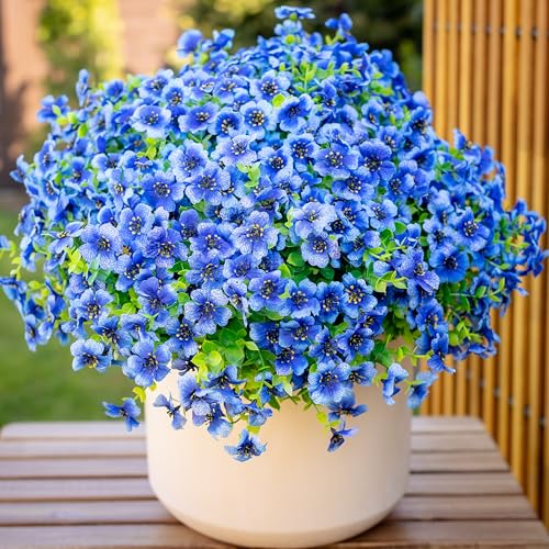 AXYLEX Artificial Flowers for Outdoors, 16 Bundles Fake Plants (Blue) | UV resistant faux plastic flowers, no fade artificial greenery – garden, patio, porch & home