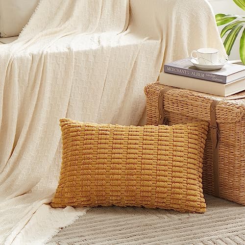 Fancy Homi Decorative Throw Pillow Covers for Bed Couch Bedroom Bench, Soft Lumbar Corduroy Solid Pillow Case, Rustic Farmhouse Boho Room Décor, 20" x 12" (Pack of 1), Mustard Yellow