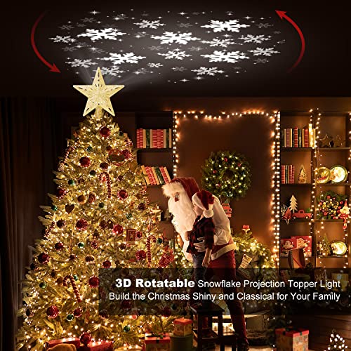 Winpull Christmas Tree Topper Lighted with 6 Pattern Projection Modes, Christmas Star Tree Topper Built-in LED Rotating Lights, Gold 3D Glitter Dynamic Projector for Christmas Decorations