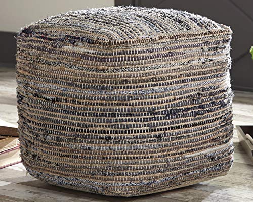 Signature Design Ashley Chevron Handmade Woven Denim Pouf and Decorative Pouf Bundle, Blue and White