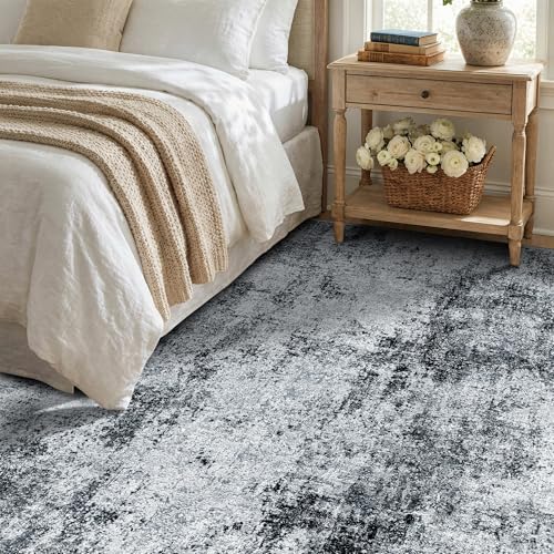 5x6 Machine Washable Area Rug：Non Slip Stain Resistant Low Pile Carpet - Soft Warm Comfortable Accent Rugs for Living Room Bedroom Entryway Dining Room Farmhouse Decor Black Grey