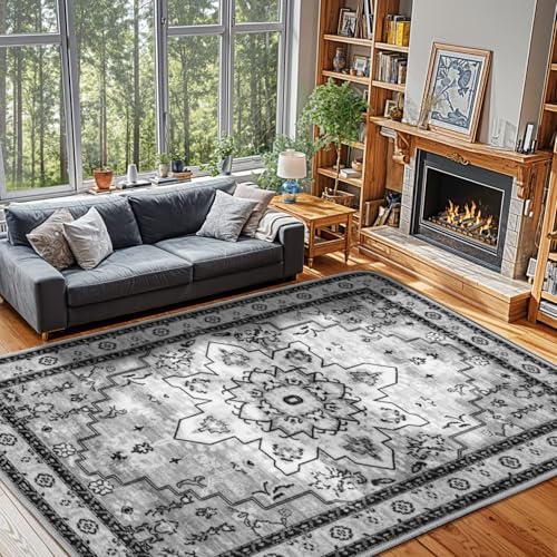 LBRO2M Boho Area Rug 8X10 Washable Rugs for Bedroom Low Piles Indoor Rugs, Non Slip Soft Carpet for Living Room, Dining Room, Gray Rug Foldable Pet Friendly Area Rugs Stain Resistant (8'X10' Gray)