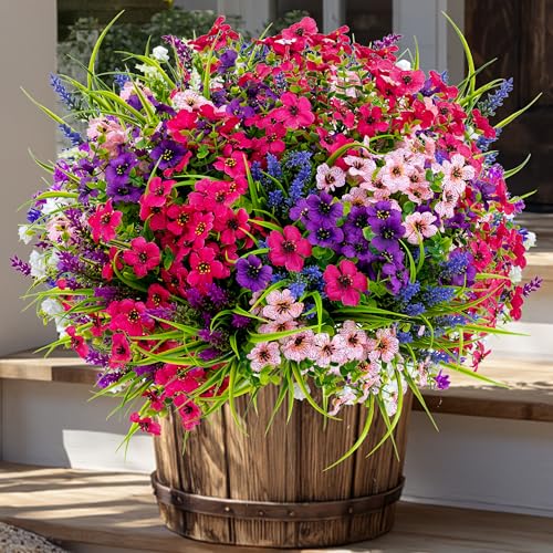 AXYLEX Artificial Flowers Outdoor Shrubs - 16 Bundles Fake Plants UV Resistant No Fade Faux Plastic Greenery Home Garden Porch Patio Decoration Office Indoor (1, Multi-16pcs)
