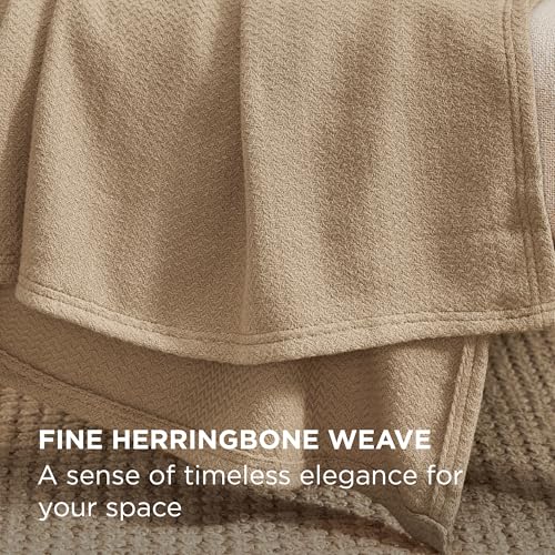 Bedsure GentleSoft 100% Cotton Large Throw Blanket for Couch 50x70 inches - Breathable and Lightweight, Soft Cozy Herringbone Woven Cotton Throw for Summer Spring, Light Brown Office Chair Blanket