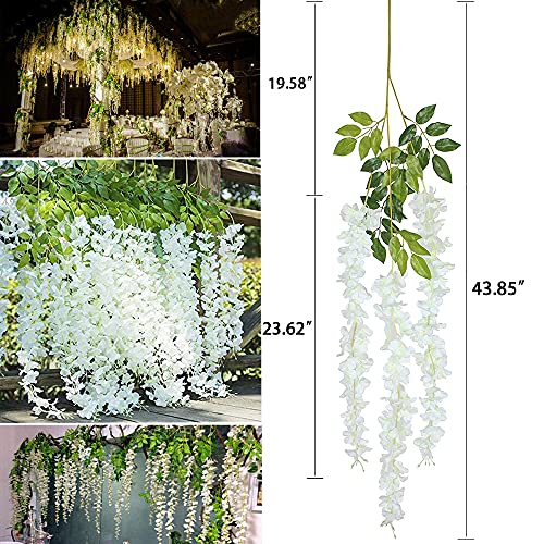 WEISPARK Fake Hanging Flowers - 12 Pieces 3.75 Feet/Piece Artificial Wisteria Vine Ratta Hanging Garland Silk Flowers for Home Party Wedding Decor (White)