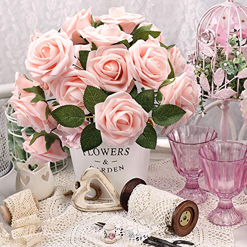 Mocoosy 50Pcs Artificial Roses Flowers, Blush Pink Roses Artificial Flowers Foam Fake Roses with Stem for Wedding Bridal Bouquets Party Centerpieces Artificial Flowers Crafts DIY Home Decoration