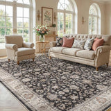 Washable Area Rug 10x14 Non-Slip Floral Boho Dining Carpet, Black