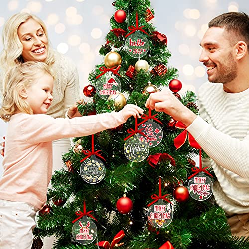 Blulu 42 Pcs Acrylic Ornament Blanks Clear Round Ornaments Flat Christmas Bauble Hanging Ornament with Hole Ribbon Acrylic Circle Discs for DIY Crafts Xmas Tree Decoration(4 Inch)