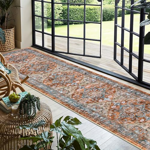 Runner Rug for Hallways Non Slip Washable Boho 2’6”x14 Hallway Low Pile Throw Rugs Vintage Carpet Runners for Entry Way, Kitchen, Laundry Room, Bathroom