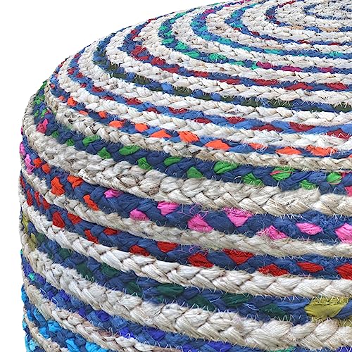 SIMPLIHOME Margo Round Pouf 20 in Wide Handwoven Jute and Cotton Braided Ottoman in Multi-Blue, Boho-Style Footstool or Extra Seating for Living Room with Polystyrene Bead Filling, Assembled