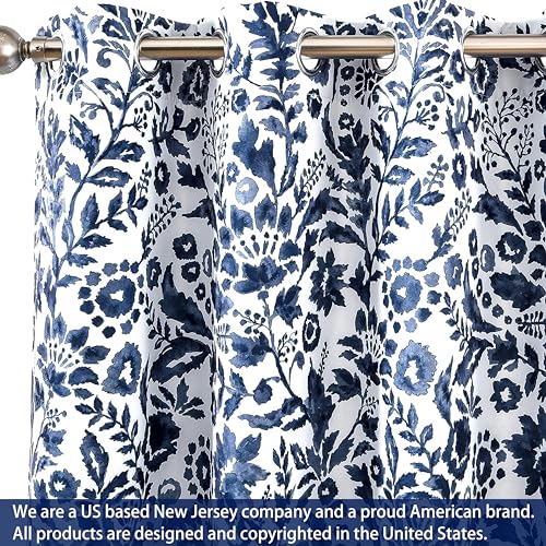 DriftAway Julia Blackout Curtains for Bedroom Navy Floral Watercolor Pattern Double Layer Thermal Insulated Sound Reducing Room Darkening Drapes for Living Room Grommet 2 Panels Each W52 x L84 Navy