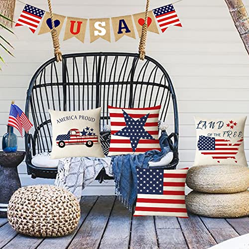 YeeJu Set of 4 Patriotic Throw Pillow Covers 18x18 4th of July Pillow Covers American Flag Fourth of July Memorial Day Independence Day Red White Blue Veteran Pillow Cases for Home Outdoor Decoration