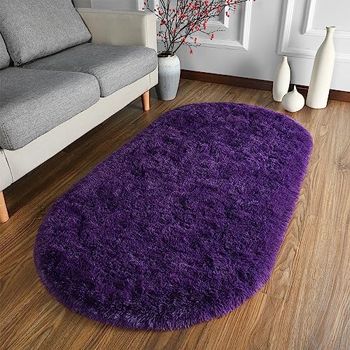 Softlife Oval Fluffy Rugs for Bedroom, 2.6 x 5.3 Feet Shag Cute Area Rug for Girls and Kids Baby Room Home Decor, Indoor Carpet for Nursery Dorm Living Room, Dark Purple