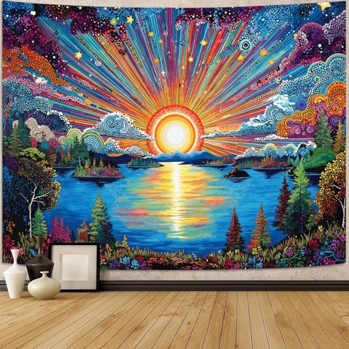 Zussun Hippie Sun Tapestry Boho Vintage Sunrise Nature Tree Lake Wall Tapestry for Bedroom Aesthetic Colorful Landscape Small Tapestries Wall Hanging for Dorm Living Room Decor 60 x 44 Inch