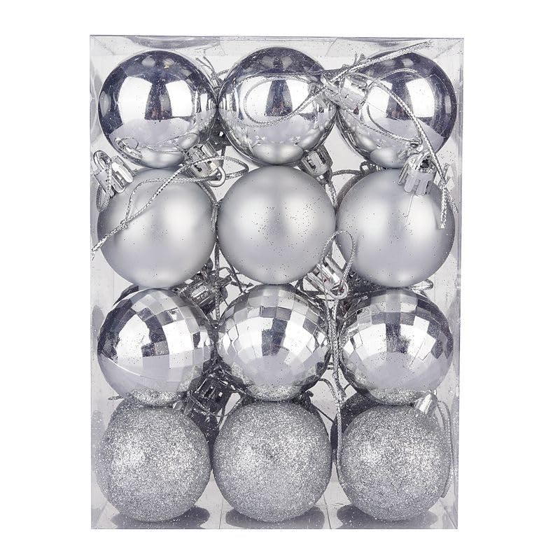 Kipokalor Silver Christmas Tree Ball Ornaments, mini Shatterproof Satin Shiny and Glitter Finish Bulb Christmas Ornaments (Silver, 21pcs)