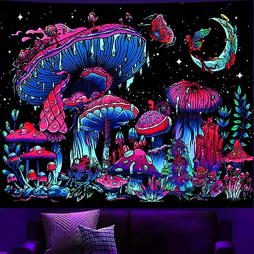 TUGCAY Blacklight Mushroom Tapestry, Glow In The Dark Tapestry Black Light Plant Fantasy UV Reactive Mushroom Butterfly Moon Tapestries Posters Wall Hanging for Bedroom Dorm Decor(50"x60")
