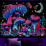 TUGCAY Blacklight Mushroom Tapestry, Glow In The Dark Tapestry Black Light Plant Fantasy UV Reactive Mushroom Butterfly Moon Tapestries Posters Wall Hanging for Bedroom Dorm Decor(50"x60")