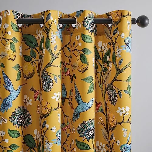 Topfinel Mustard Yellow Vintage Curtains & Drapes 84 Inches Long, Grommet Luxury Whimsical Floral Lemon Hummingbird Patterned Waverly Mid Century Colorful Blackout Drapes for Living Room Bedroom