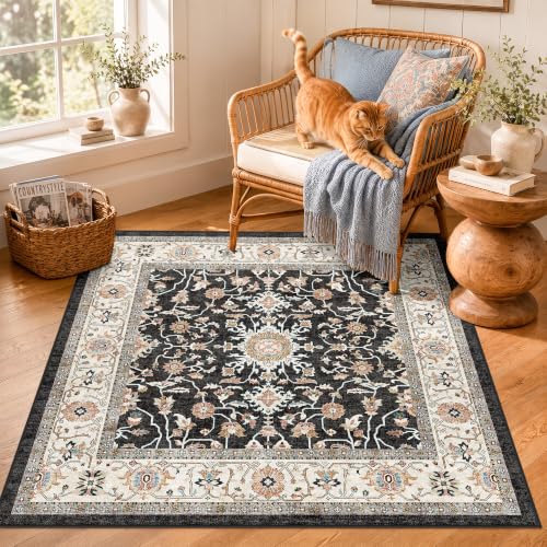 3x3 Square Entryway Rug Washable – Non-Slip Small Area Rug for Kitchen Bathroom Bedroom Soft Stain Resistant Low-Pile Indoor Mat Durable Easy Clean Carpet for Entrance Floor Decor - 3' Square Black