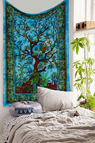 The Boho Street Turquoise Tree of Life Twin Size Indian Bohemian Wall Art - Mandala, Hippie Tapestries Psychedelic Boho Tapestry, Wall Hanging for Bedroom (52x82 Inches)