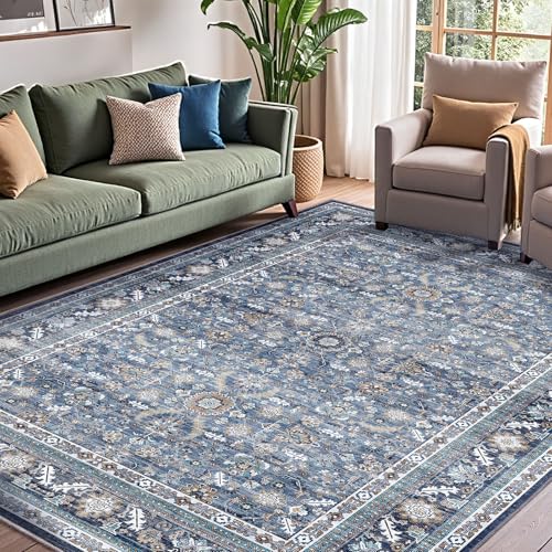 OPPODREAM Vintage Blue Area Rugs 5x7, 5 x 7 Retro Washable Rug Non Slip, Low-Pile Faux Wool Carpet, Distressed Navy Floor Mat for Living Room, Bedroom, Kitchen, Office, Dorm, Dinning Room