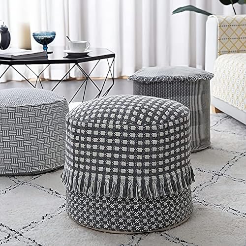 MOCOFO Decoration Pouf Cover Unstuffed Round for Living Room, Cotton Woven Poufs ，Ottoman Foot Stool（Grey Stripes,40x40x25cm）